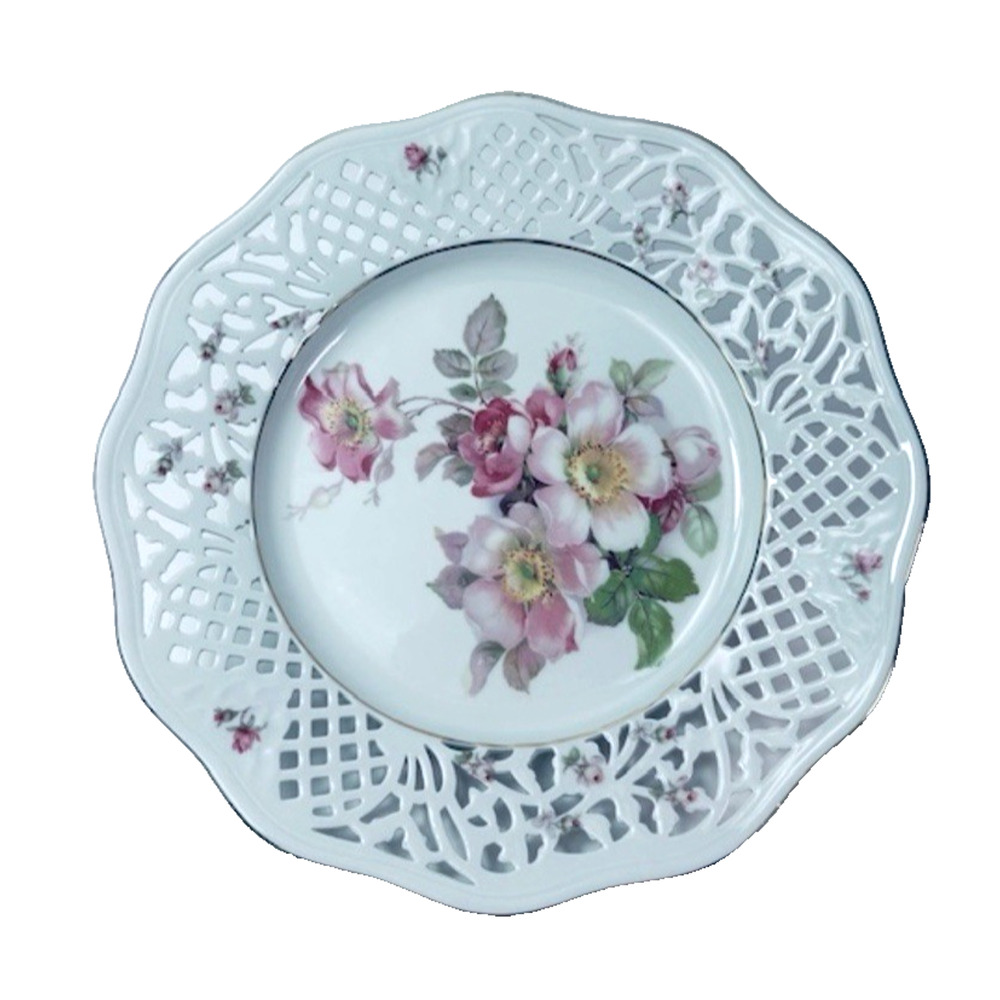 Schumann - Bavaria Dinner Plate 11" Pink Roses, Pierced Rim, Scalloped 1950s VTG